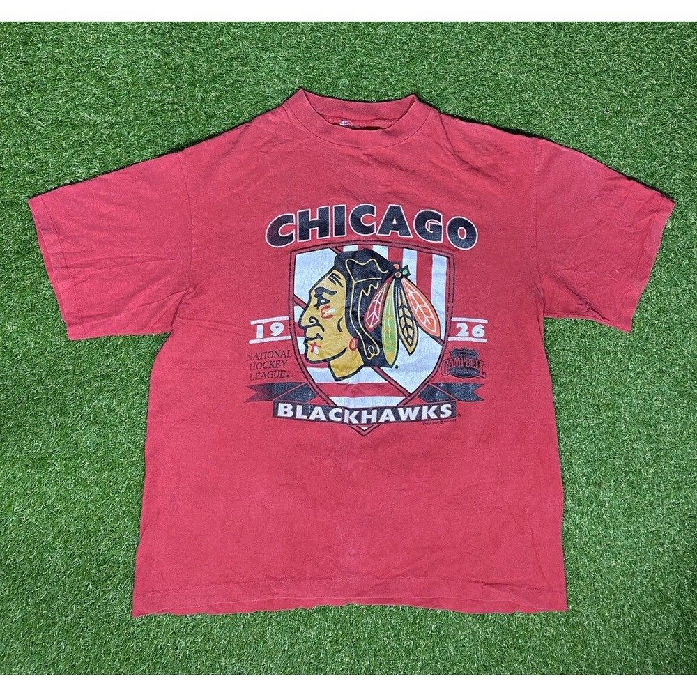 Vintage Chicago Black Hawks Shirt Mens XL Single Stitch Hockey Sportswear Faded